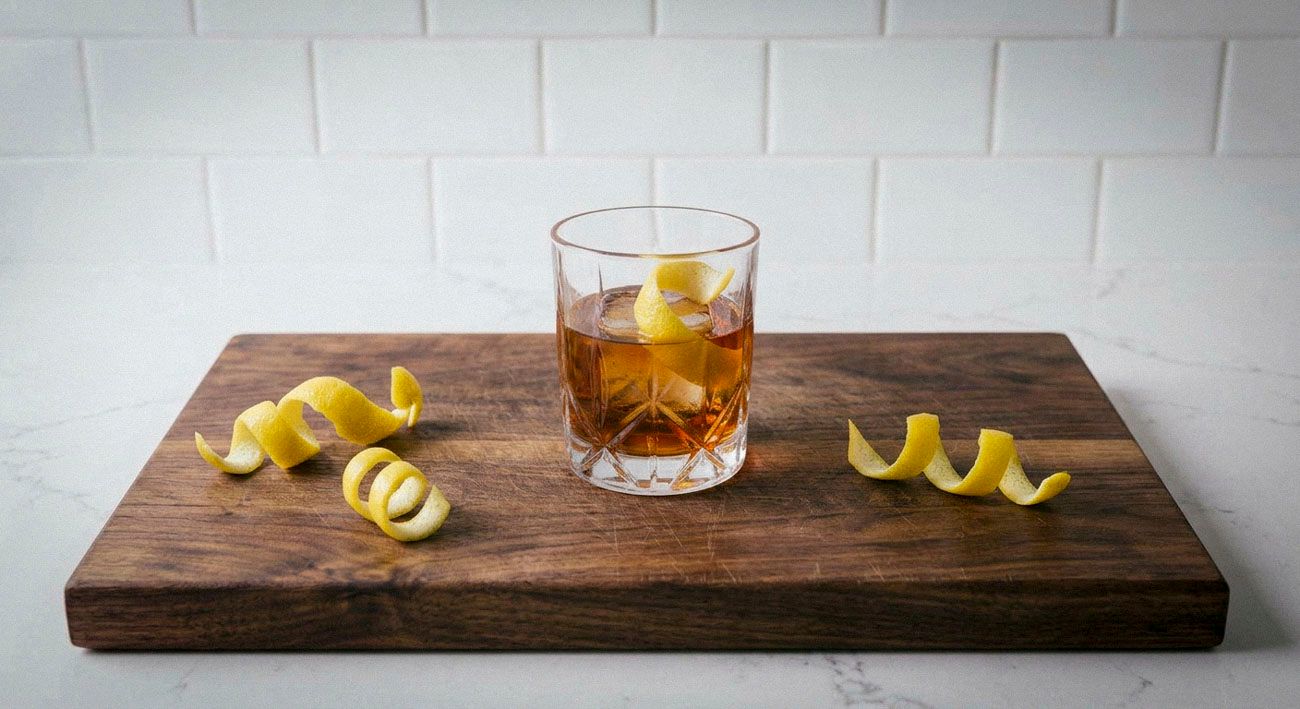 sazerac in a rocks glass with a lemon twist on a wooden surface